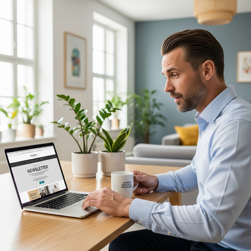business professional checking email newsletter on laptop, bright modern home office, engaged and curious expression