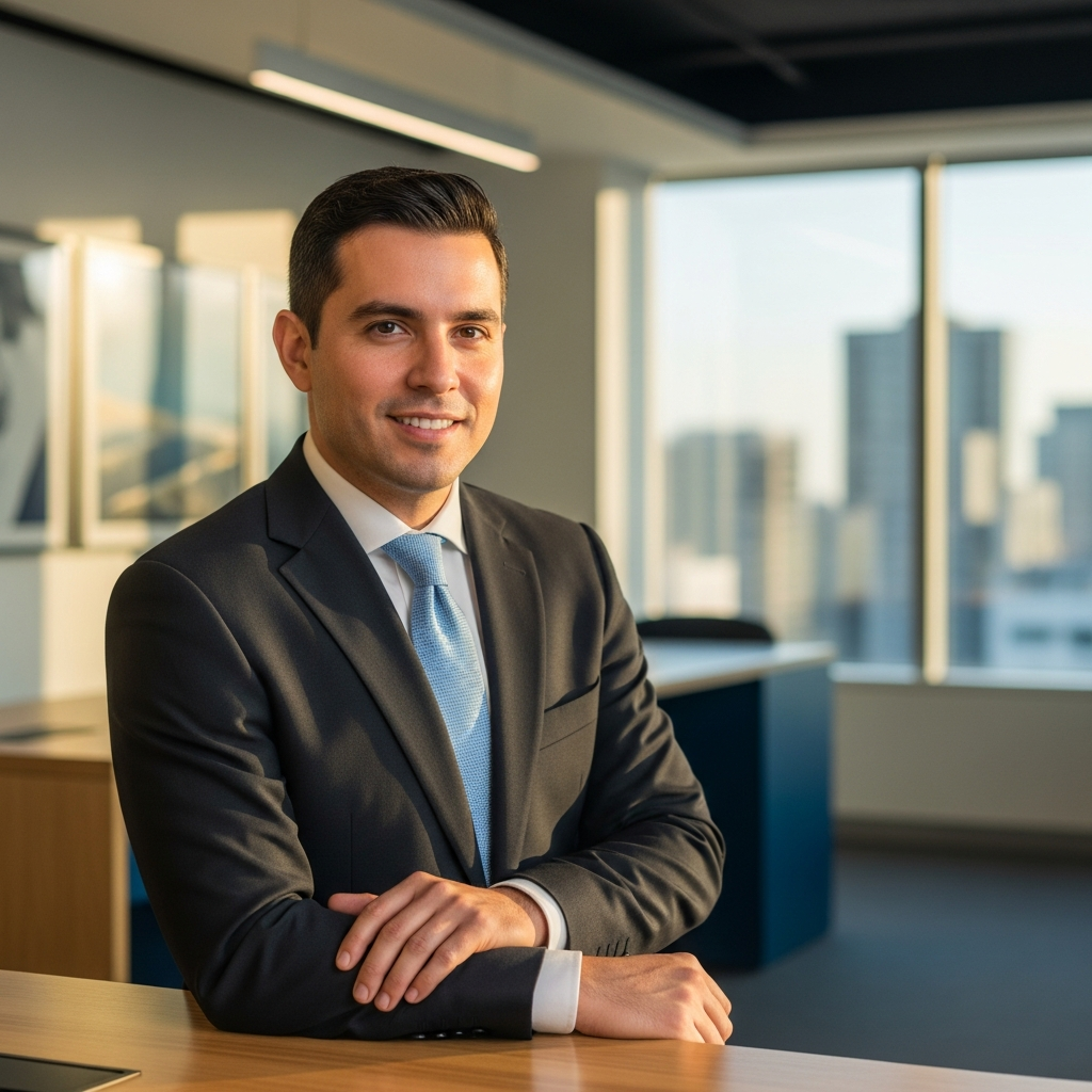 confident Latin American professional at modern ISA office, thriving at work, editorial portrait style, warm ambient light