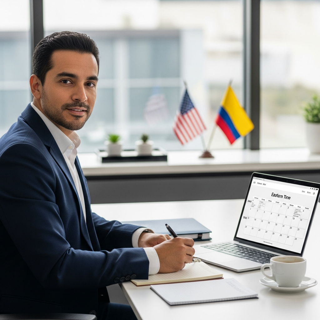 confident Latin American professional at desk, dual US and Colombia flags subtly in background, working seamlessly in US timezone, editorial style