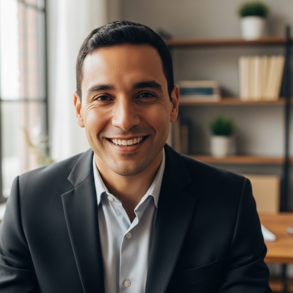 Friendly Latin American professional on video consultation call, warm professional setting, trustworthy and engaged