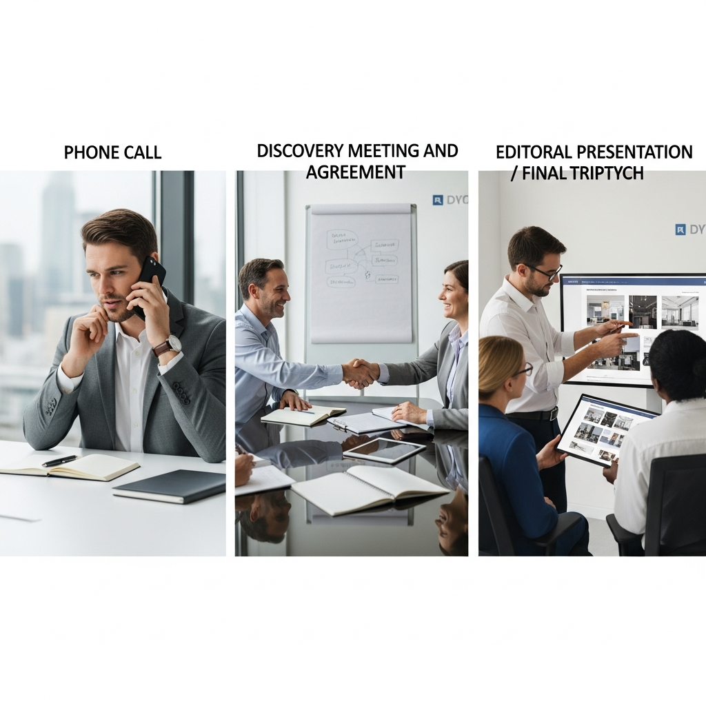 Timeline of consultation steps illustrated by professionals at each stage — phone call, discovery meeting, handshake agreement, editorial triptych