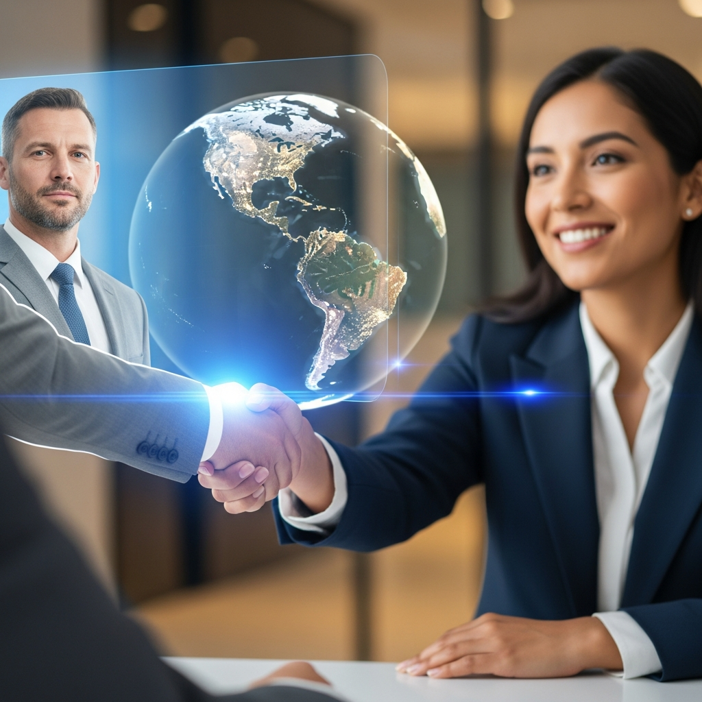 US and Latin American business professionals shaking hands across a virtual connection, globe in background, trust and partnership theme