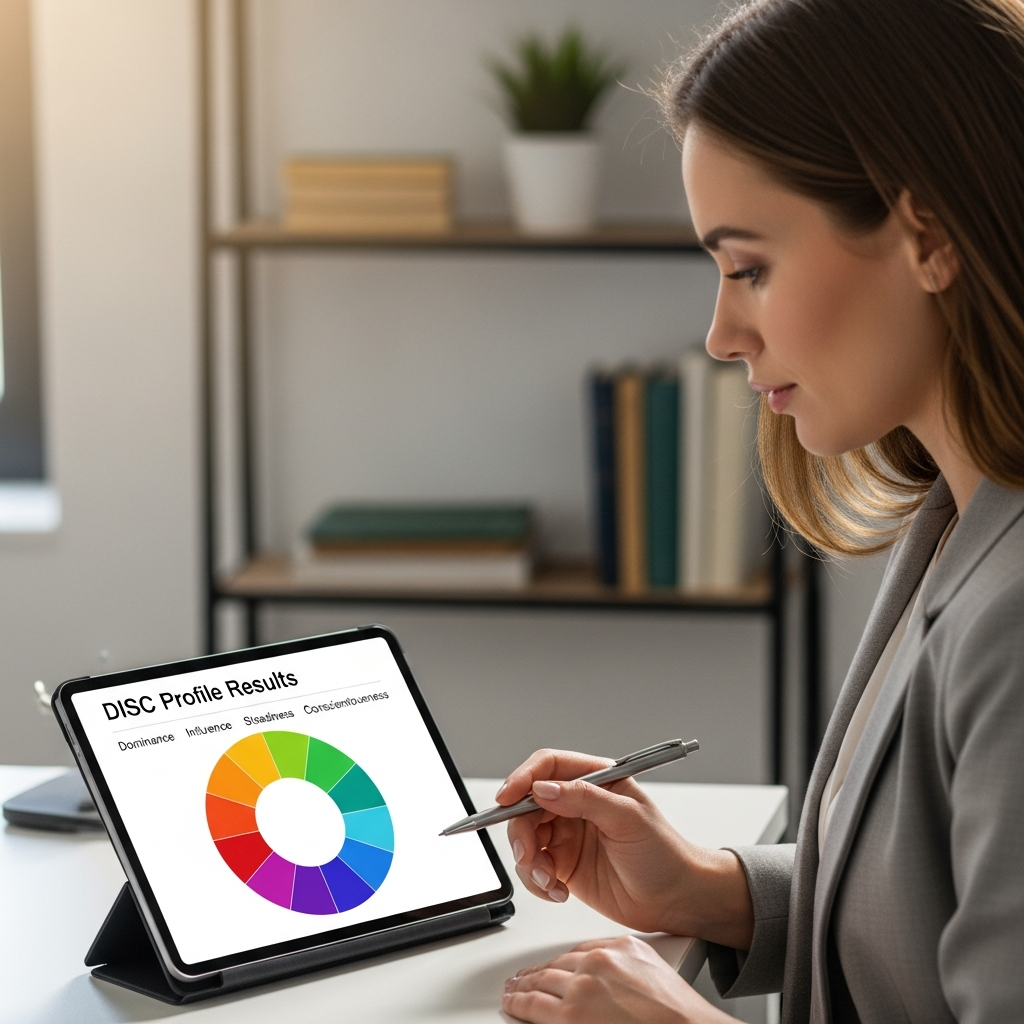 DISC profile personality assessment on tablet screen, talent strategist reviewing results, professional office