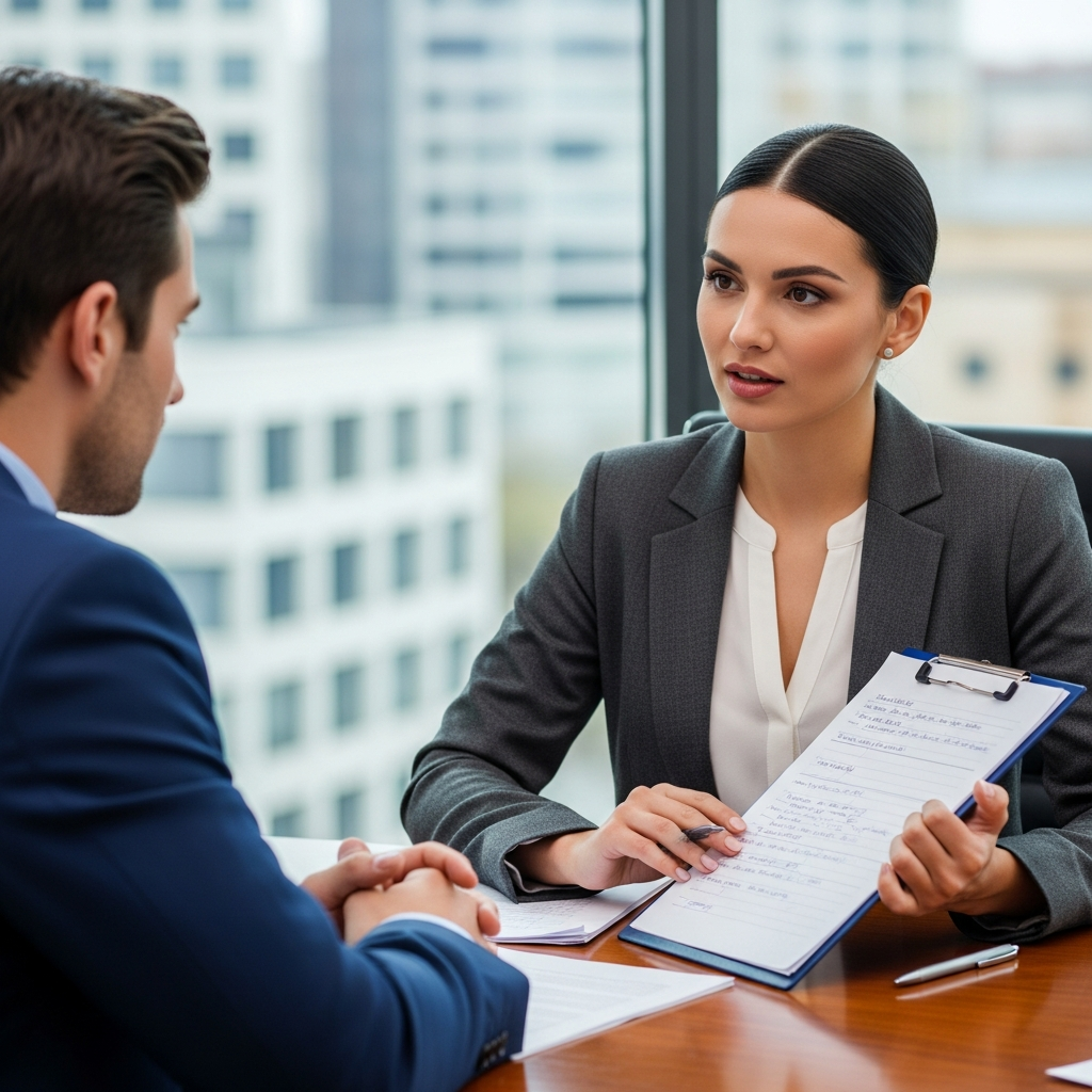 Recruiter conducting structured competency interview with candidate, notes on clipboard, professional and focused
