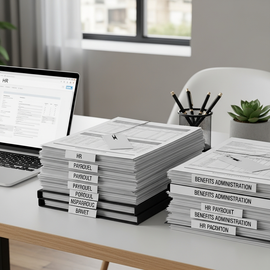 HR documents payroll benefits administration on desk, organized and professional, clean modern office