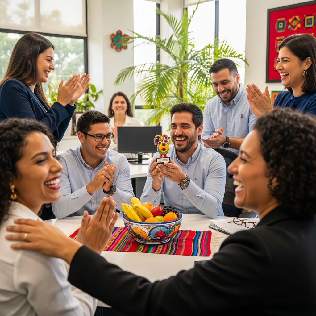 Vibrant Latin American ISA office, team celebrating small win together, warm community feeling, diverse group, authentic moment not staged