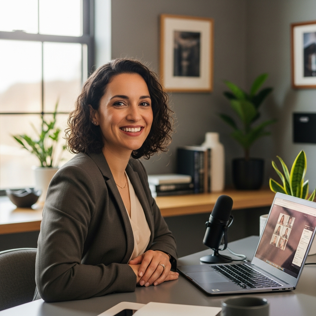 ISA talent strategist at desk ready for consultation call, warm professional office, open laptop, welcoming expression