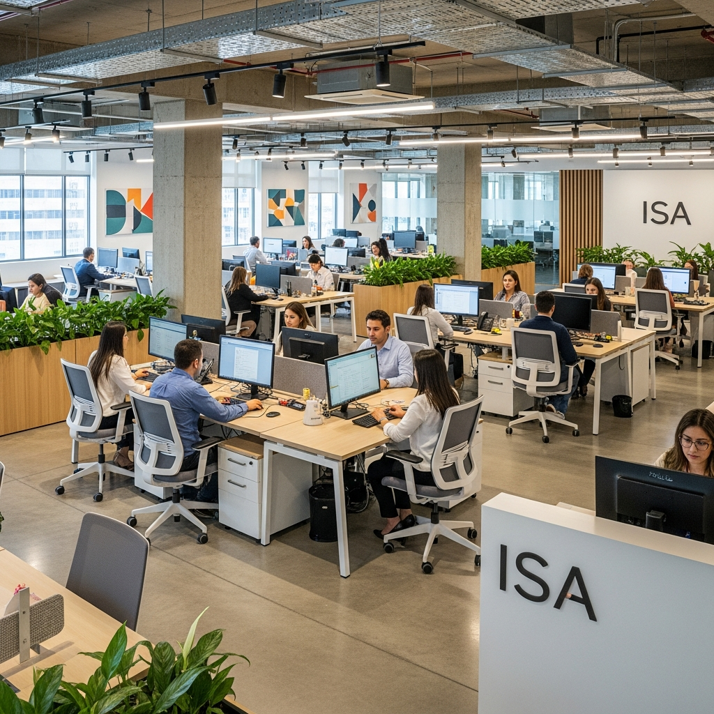 ISA Colombia office interior, modern open-plan workspace, professionals at desks, bright and professional environment