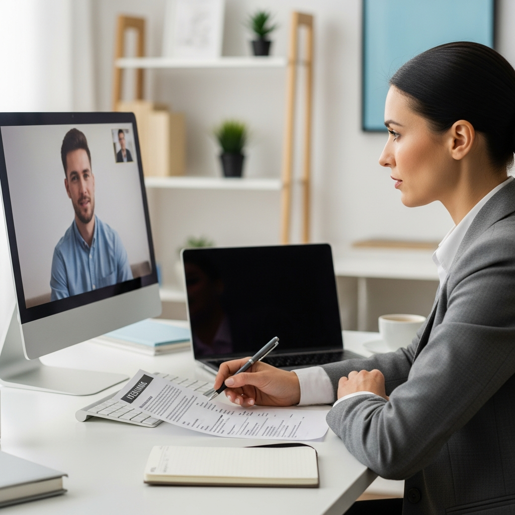 hiring manager interviewing candidate on video call, reviewing notes, professional evaluation setting