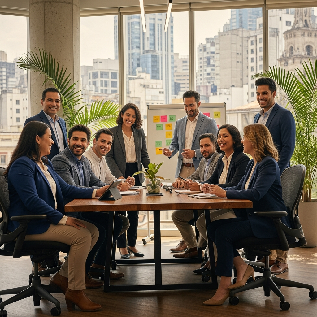 ISA leadership team in modern Latin American office, collaborative and warm, natural light, confident group portrait editorial style