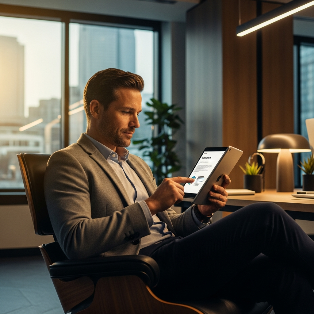 business professional reading insights on tablet in modern office, relaxed and informed, editorial photography style, warm light