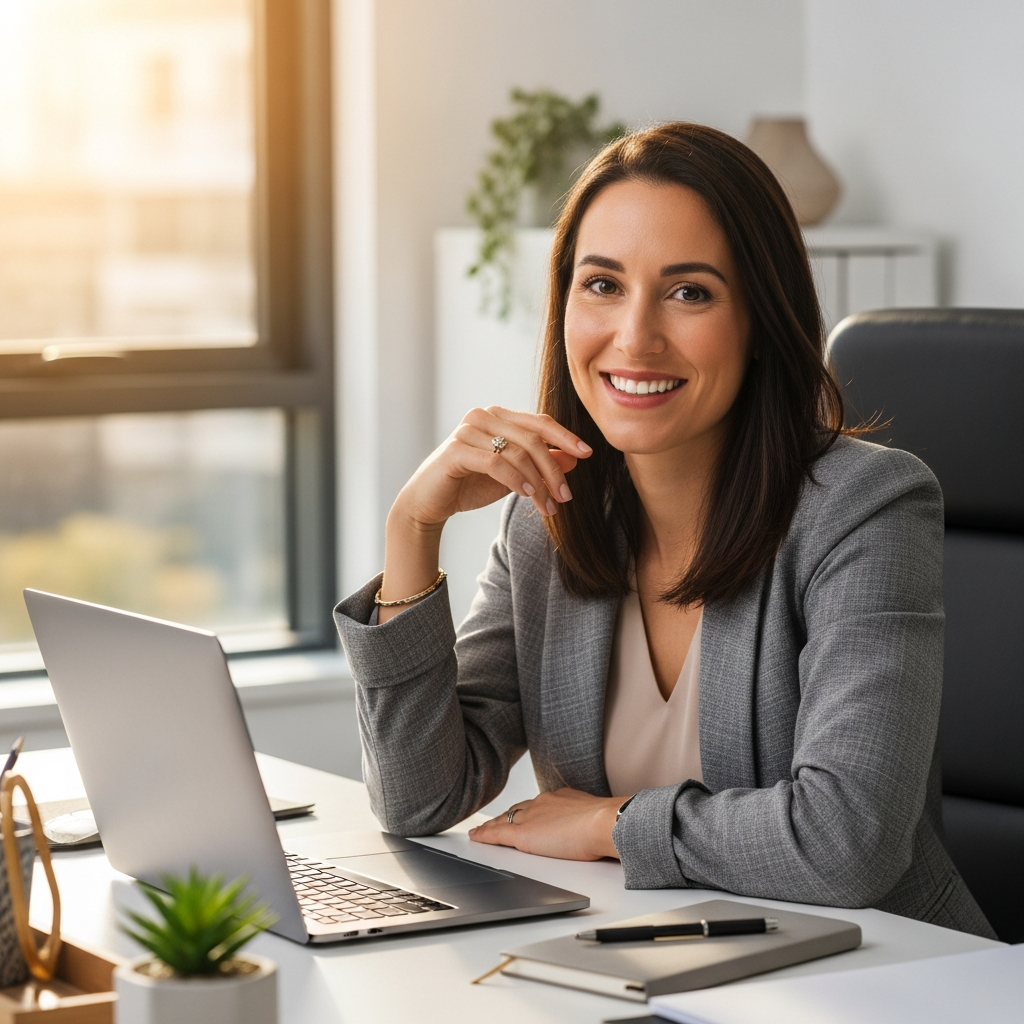 ISA talent strategist at desk for consultation call, welcoming and professional, modern office, warm natural light, laptop open ready to help