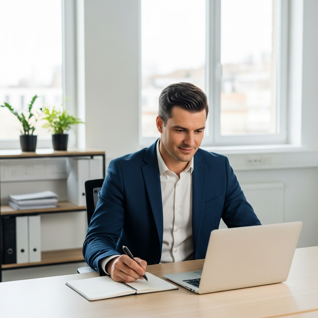 business owner confidently reviewing information at laptop, modern bright office, relaxed and informed expression, editorial style