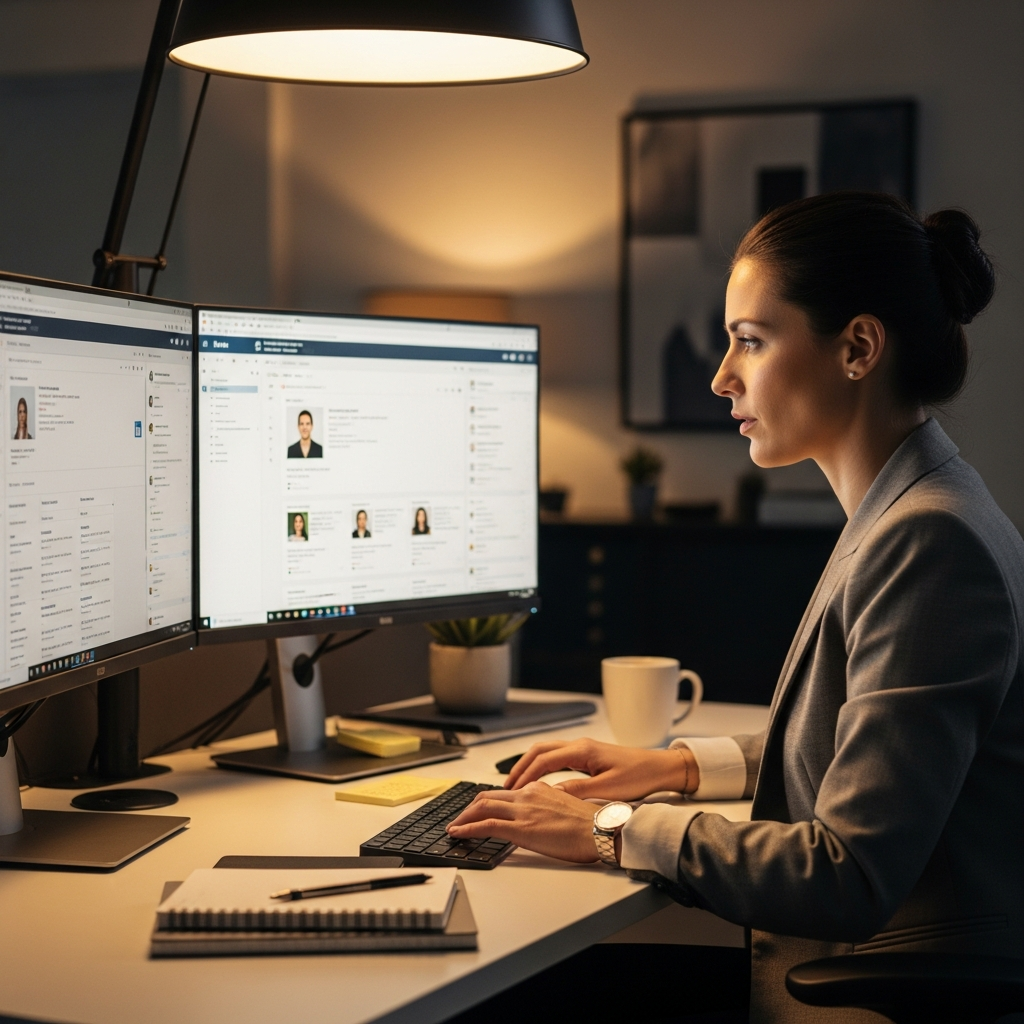 ISA talent strategist reviewing candidate profiles at modern desk, dual monitors, professional and focused, warm office lighting