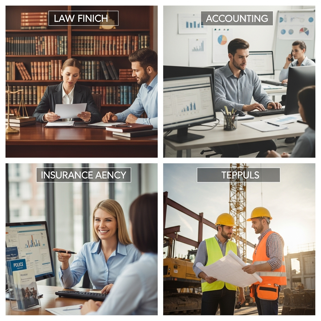 collage of four professional settings — law firm, accounting office, insurance agency, construction site — warm editorial style, confident professionals at work