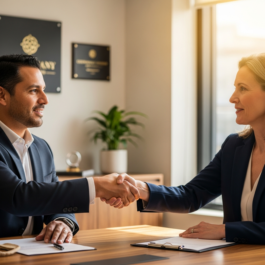 business handshake across desk, US and Latin American professionals, warm office light, trust and partnership