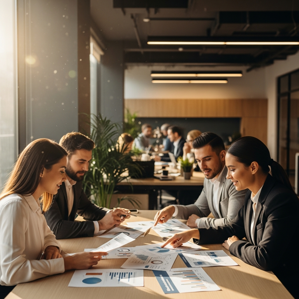 ISA HR team in modern office reviewing employee benefits documents, professional and caring, warm lighting