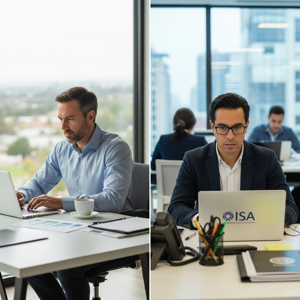 Split scene: US business owner at desk and Latin American professional at ISA office, both working in sync, same time of day, editorial diptych style