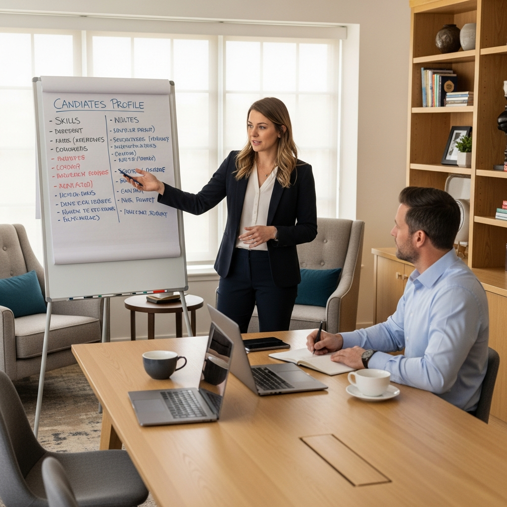 ISA talent strategist and client in discovery meeting, whiteboard with candidate profile notes, warm professional office setting