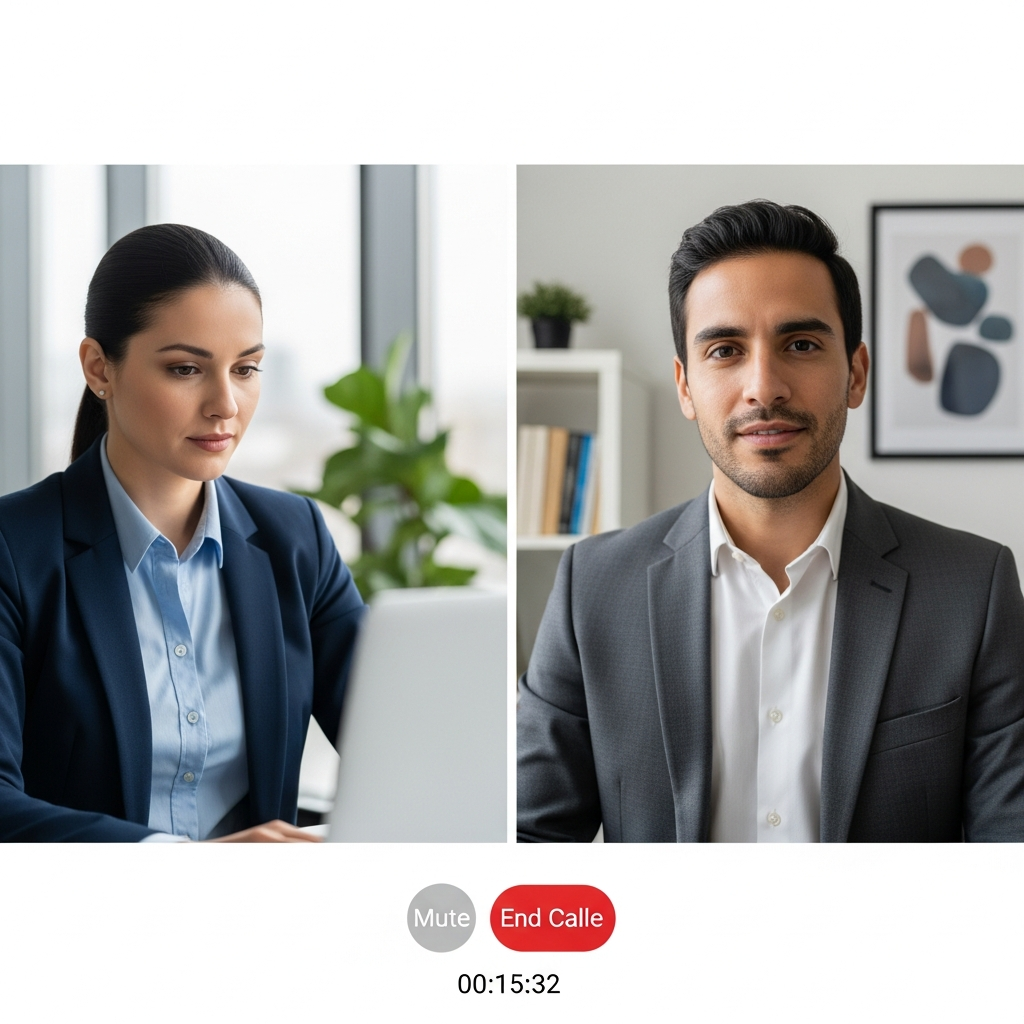 Recruiter conducting structured video interview with Latin American candidate, professional setting, focused evaluation