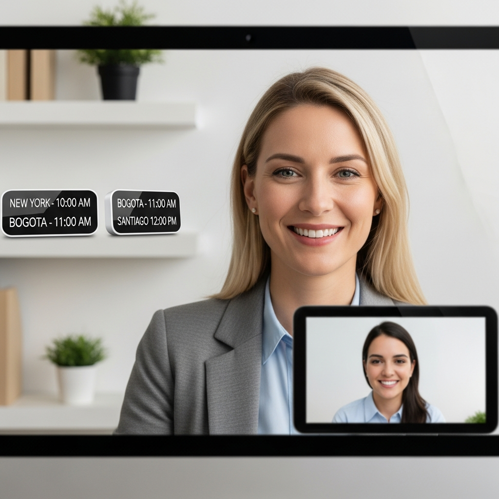 US hiring manager on video call interviewing Latin American candidate, confident engagement, dual timezone clocks visible in background