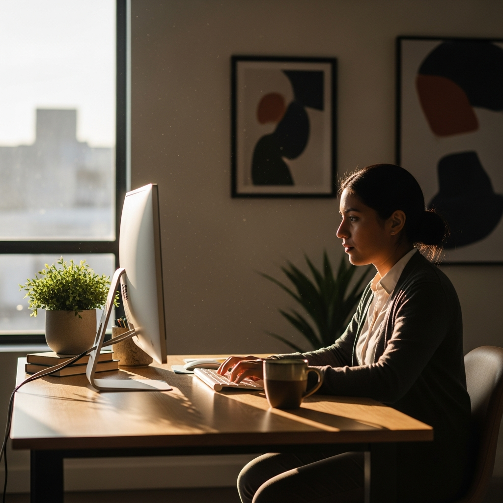 Dedicated remote team member at modern Latin American office, working at desktop, professional and focused, warm natural light
