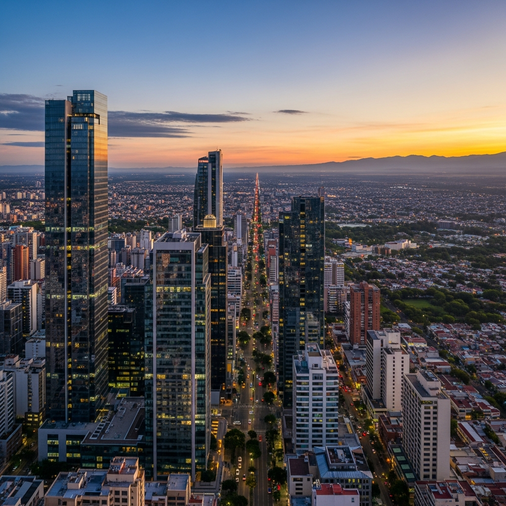 Aerial view of Latin American city with modern business district, dawn light, aspirational and global