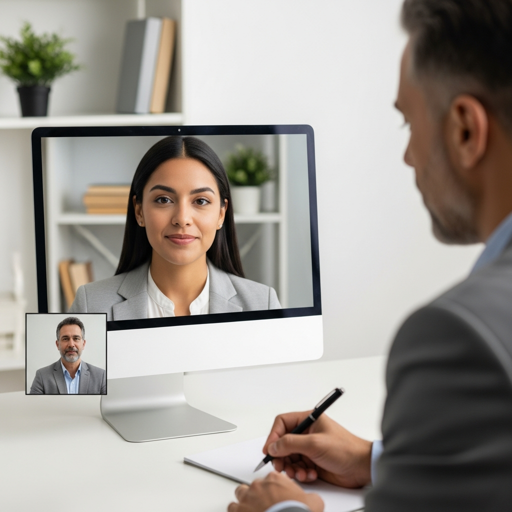 structured video interview in progress, Latin American candidate answering problem-solving question, professional evaluator taking notes, focused atmosphere