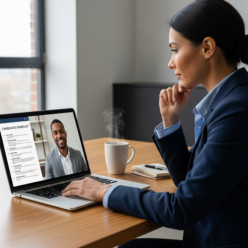US hiring manager reviewing candidate shortlist on laptop, video call with Latin American finalist candidate, decision-making moment, professional setting