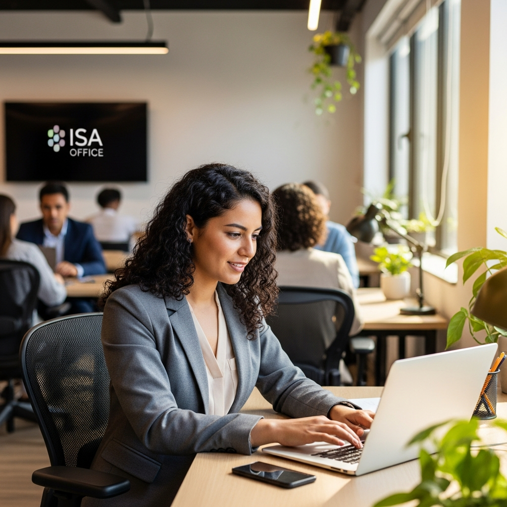dedicated Latin American team member working at ISA office, engaged and professional, modern coworking environment, warm natural light