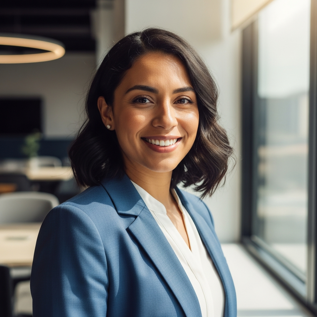 Confident Latin American professional smiling at camera in modern bright office, portrait style, natural light, trustworthy and warm